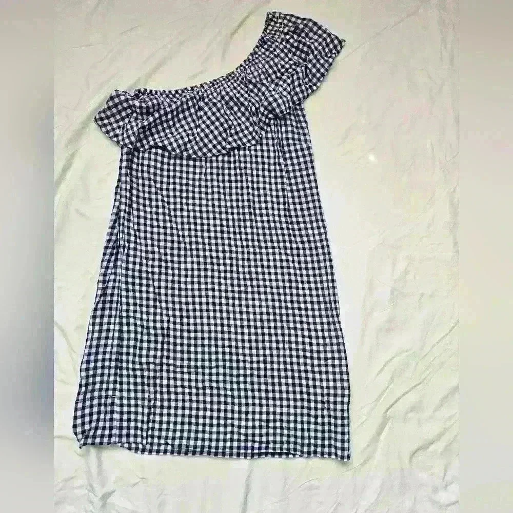 Velvet by Graham and Spencer Blue Gingham Plaid Ruffle One Shoulder - Picture 8 of 9